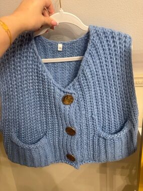 Chunky Knit Blue Button-Front Sweater Vest